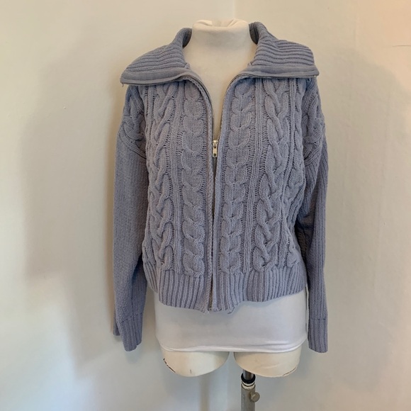 Hippie Rose "Soft & Cozy" Chenille Cable-Knit Zip-Up Sweater Blue Cardigan Large - Picture 3 of 8